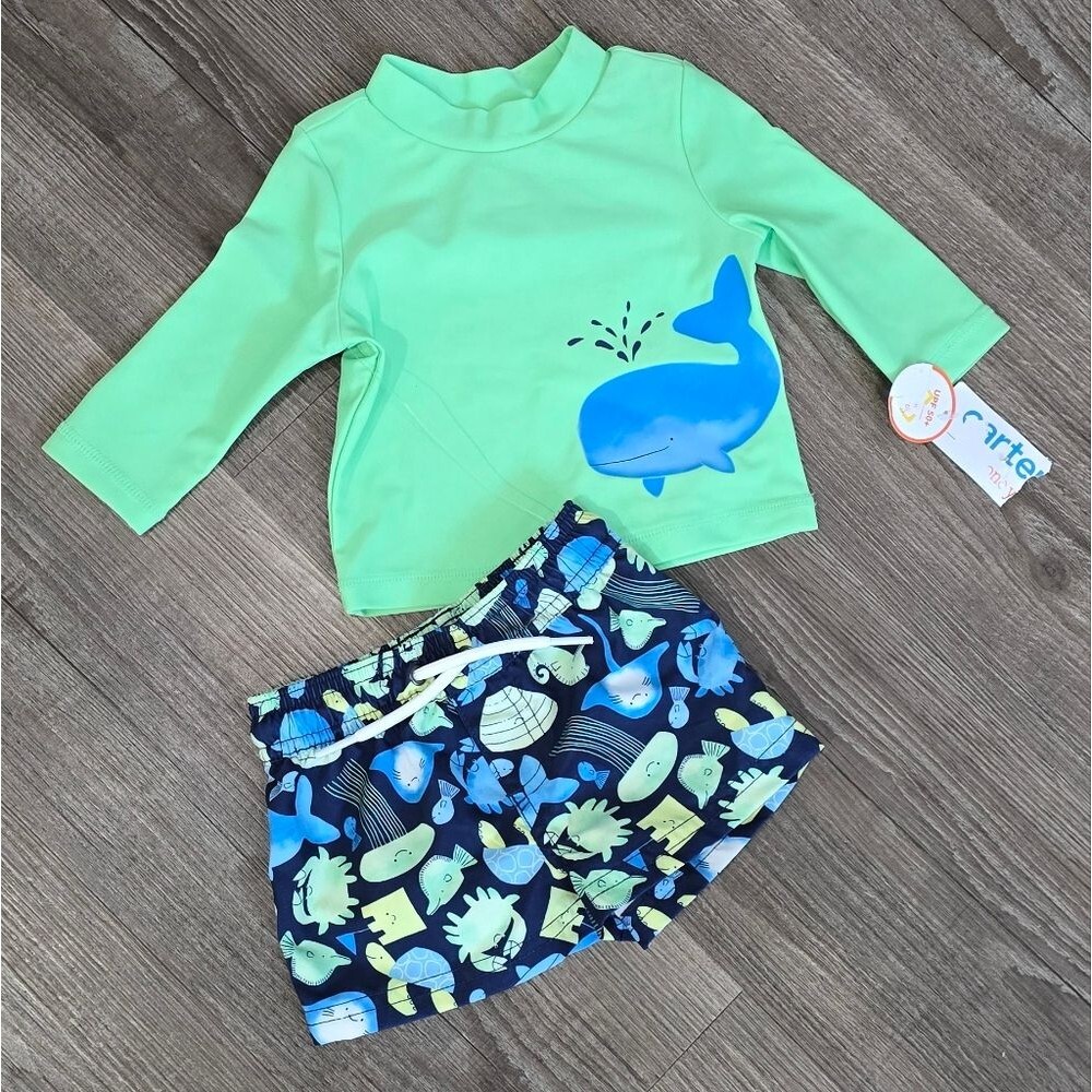 Carter's Green and Blue Rashguard Swim top and trunks size 3 mos. NWT